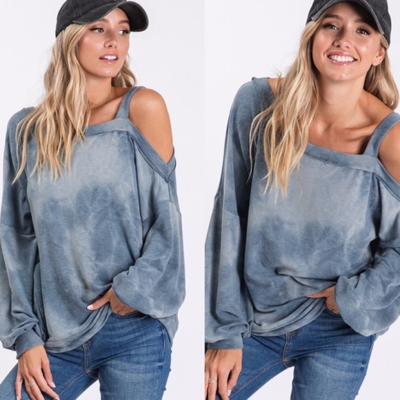 Bellanblue Tops - RUTH Tie Dye Cold Shoulder Top - BLUE